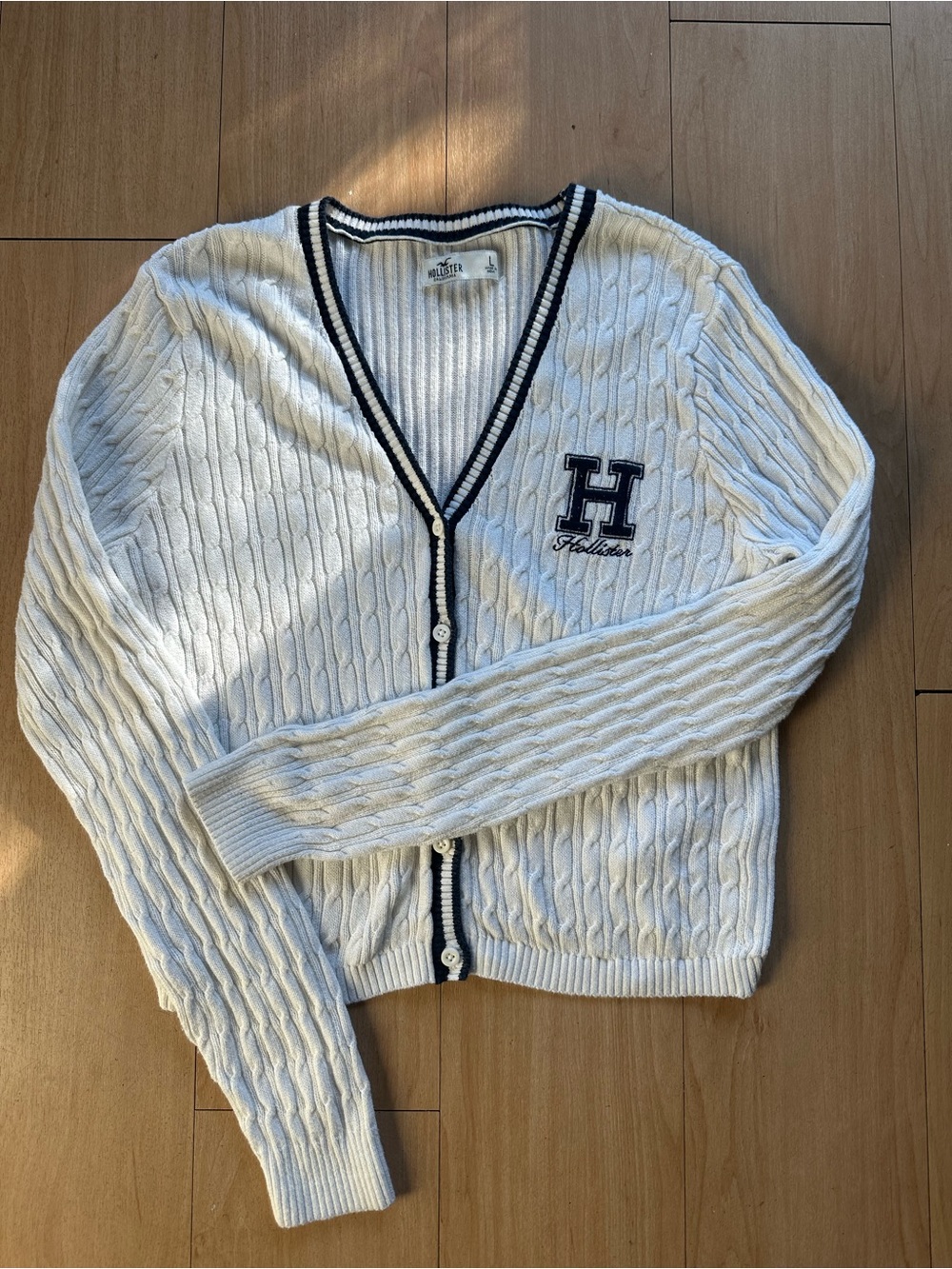 Hollister Cable Knit Striped Logo Cardigan Sweater Large Preppy Varsity Academia